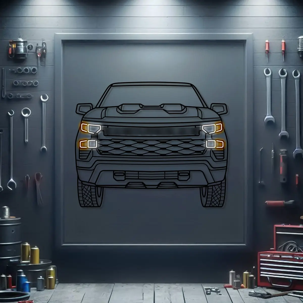2022 Silverado 1500 Trail Boss Front View Metal Neon Car Wall Art - Mtn0215 1