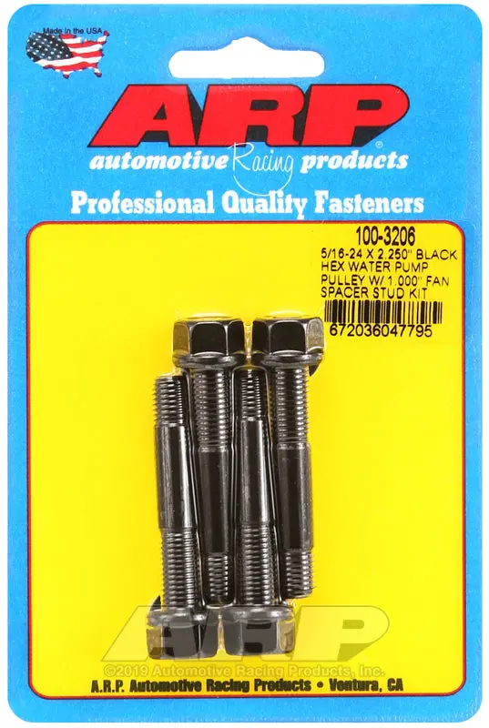 Arp 5/16-24 X 2.250 Black Hex Water Pump Pulley W/ 1.000In Fan Spacer Stud Kit 1