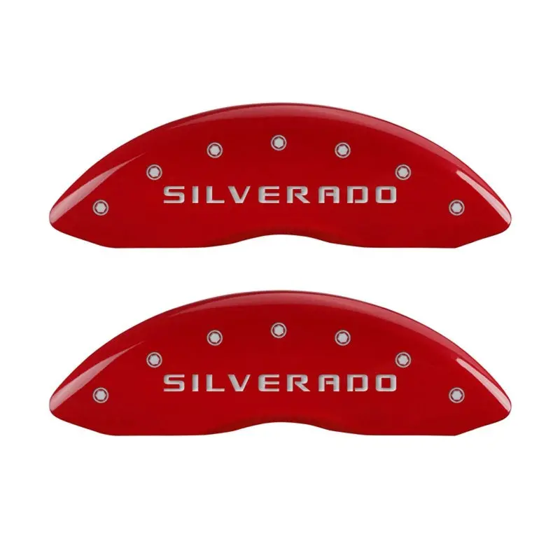 Mgp Front Set 2 Caliper Covers Engraved Front Silverado Red Finish Silver Ch 1