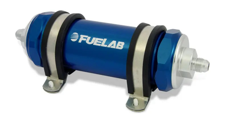 Fuelab 858 Stainless Steel In-Line Fuel Filter – 100-Micron, -12An Inlet / -10An Outlet, With Check Valve (Blue Finish) 1