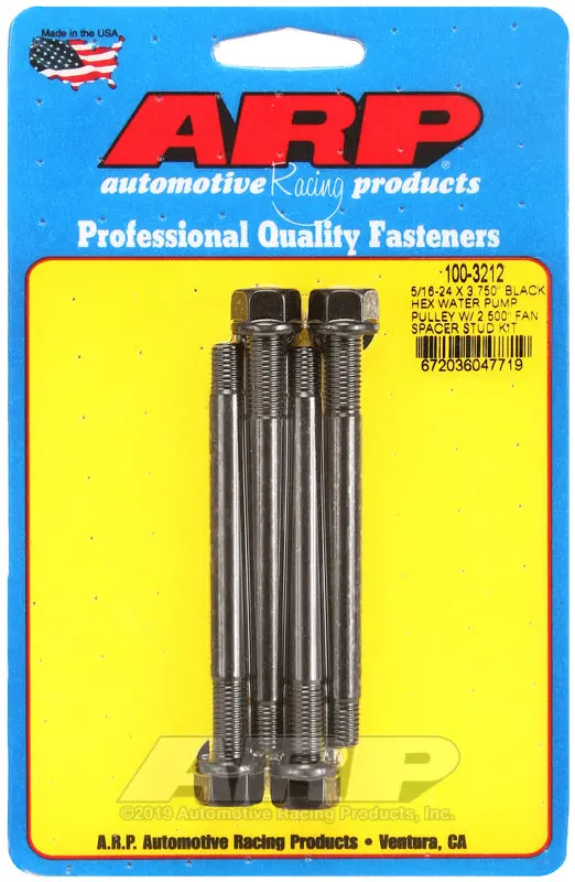 Arp 5/16-24 X 3.750 Black Hex Water Pump Pulley W/ 2.500In Fan Spacer Stud Kit 1