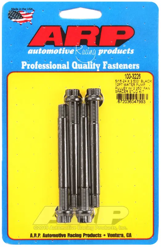 Arp 5/16-24 X 3.500 Black 12Pt Water Pump Pulley W/ 2.250In Fan Spacer Stud Kit 1