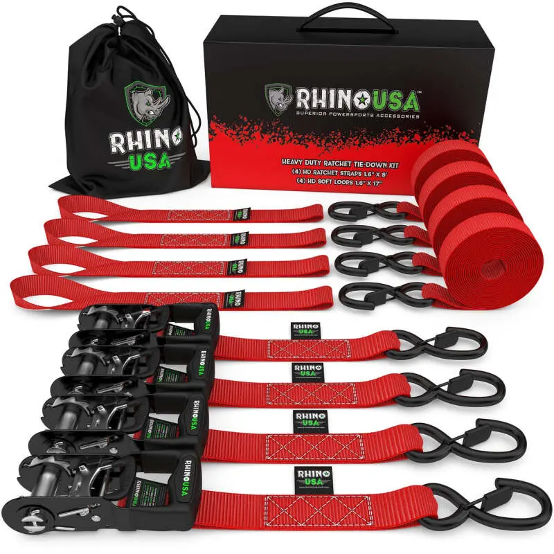 Rhino Usa Heavy Duty Ratchet Tie-Down 4-Pack Red 1.6In X 15Ft 1