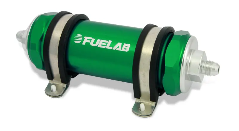 Fuelab 828 Inline Fuel Filter – Stainless Steel, -12An In / -8An Out, 100-Micron, Green Housing 1