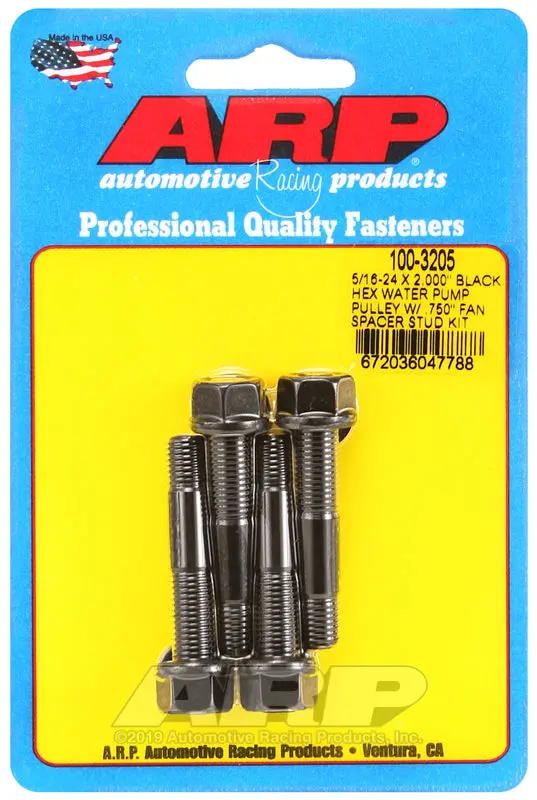 Arp 5/16-24 X 2.000 Black Hex Water Pump Pulley W/ .750In Fan Spacer Stud Kit 1