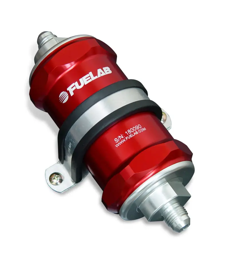 Fuelab 818 Inline Fuel Filter – -6An Inlet / -10An Outlet, 6-Micron Fiberglass, Red Housing 1