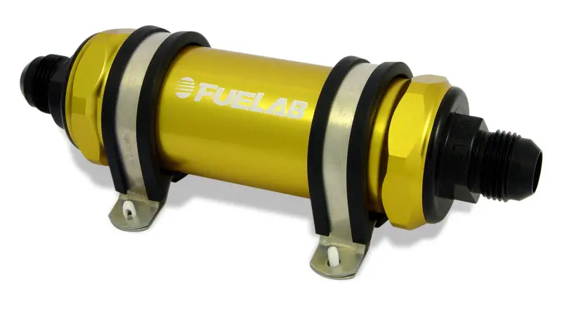 Fuelab Inline Fuel Filter – -6An Inlet / -8An Outlet, 100-Micron Stainless Steel, Gold Anodized Housing 1