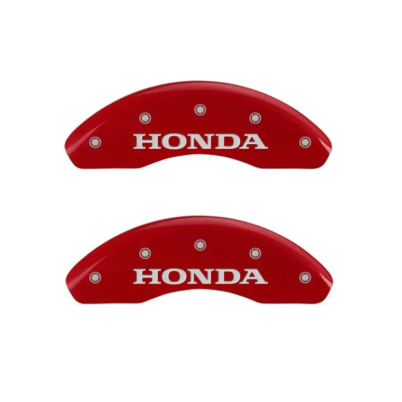 Mgp Engraved 4-Piston Caliper Covers For Honda – Front: Full Engraving, Rear: H Logo – Red Finish With Silver Chrome Accents 1