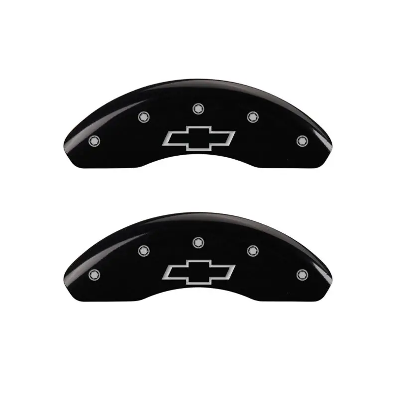 Mgp Engraved 4-Piston Caliper Covers – Front & Rear, Bowtie Design In Black With Silver Chrome Trim 1