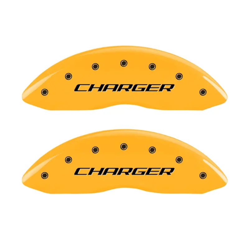 Mgp Engraved 4-Piston Caliper Covers – Front & Rear, Block/Charger Yellow Finish With Black Accent 1